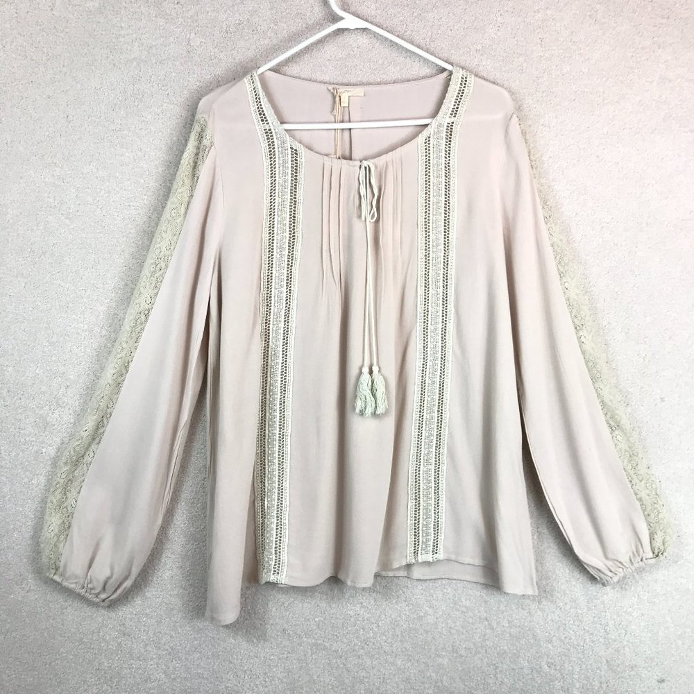 Mystree Peasant Top Womens Large Beige NEW Lace Relaxed Fit Boho Casual Blouse